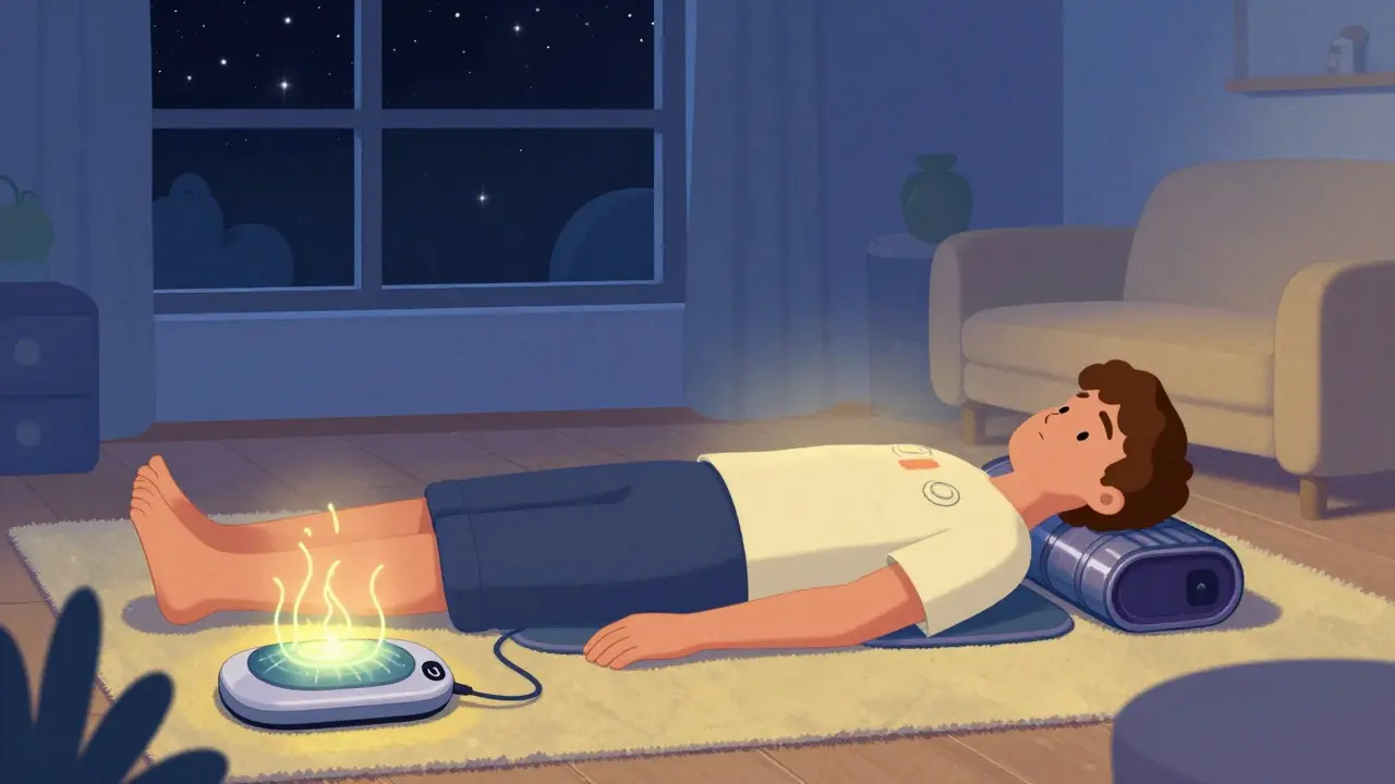 Retro-futuristic scene of self-myofascial release with foam roller.