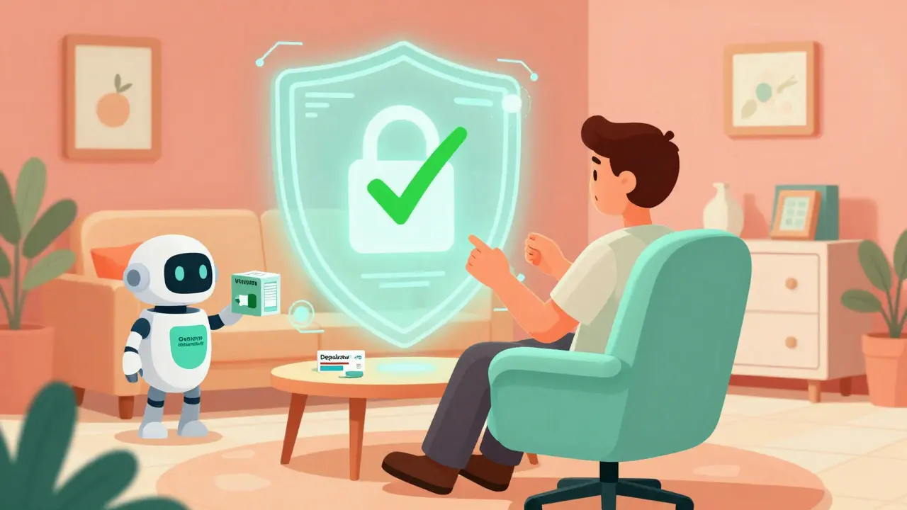 Safe online pharmacy purchase illustrated with shield icons and delivery