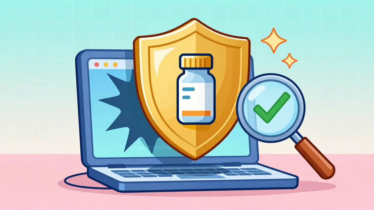 Shield protecting medication from fake sites in retro-futuristic art