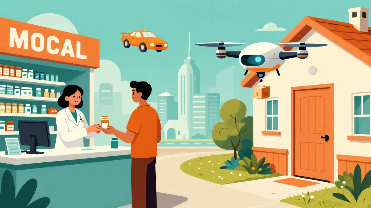 Split view of local pharmacy pickup and drone delivery in retro style