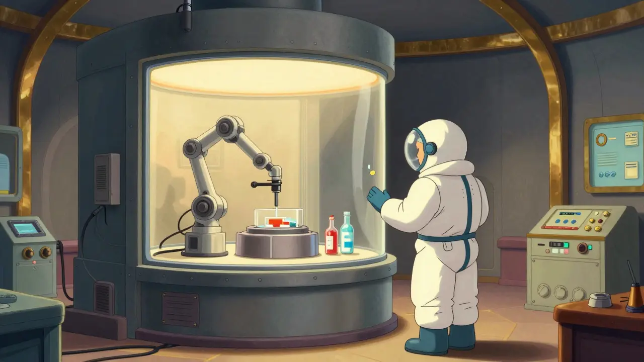Technician monitoring an isolator chamber in a vintage sci-fi pharmaceutical lab
