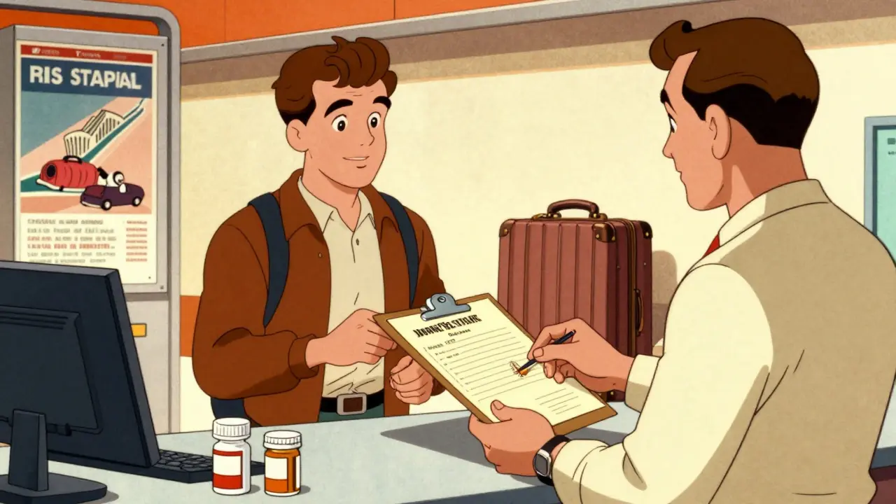 Traveler safely presenting medication documents at customs