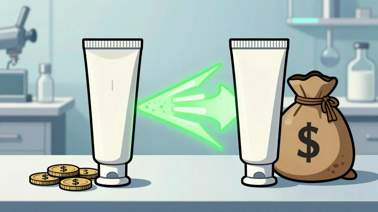 Two identical cream tubes showing equal healing power but different costs