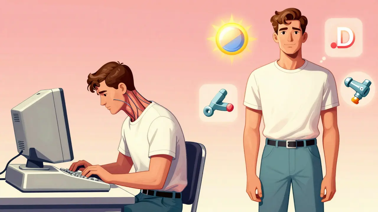 Vintage cartoon comparing poor posture strain with healthy alignment.