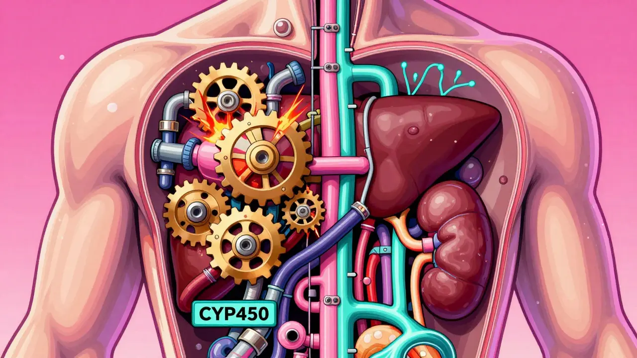 Abstract illustration of liver metabolism pathways showing congested vs smooth flow styles