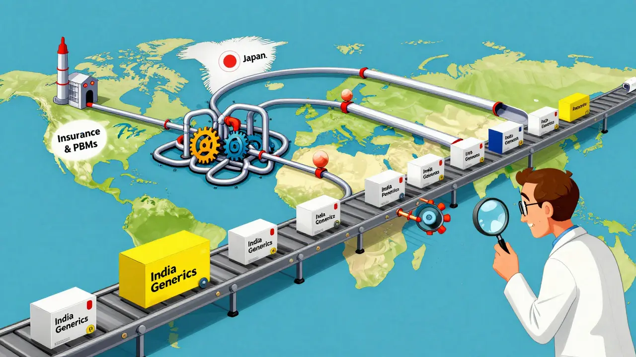 Cartoon map illustrating global generic drug supply chains and costs