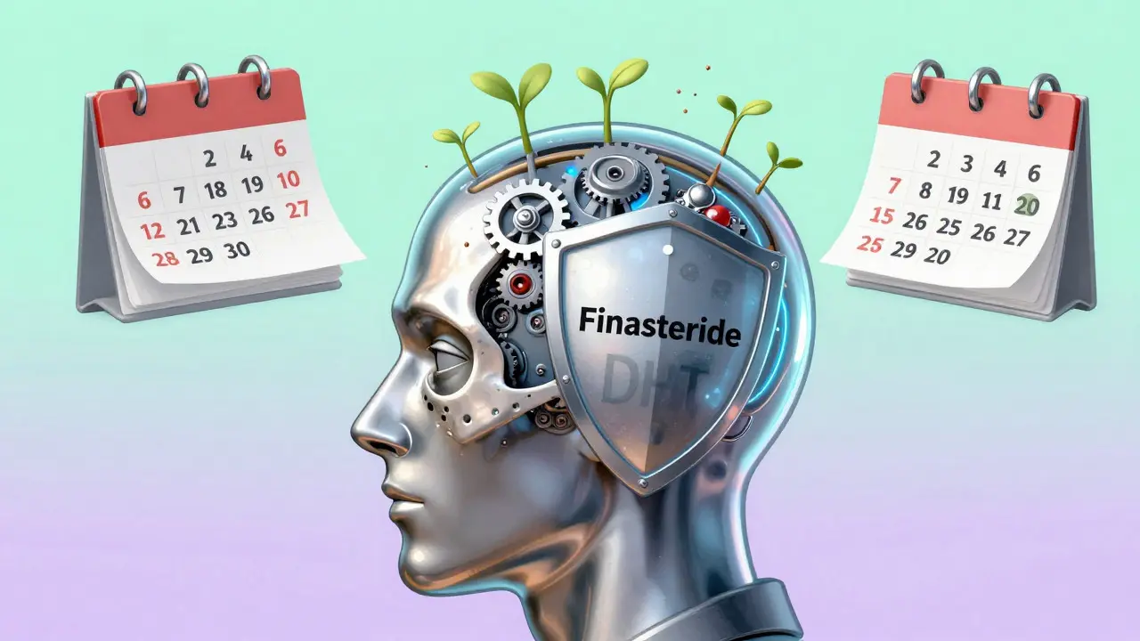 Chrome head showing internal mechanism of finasteride blocking DHT