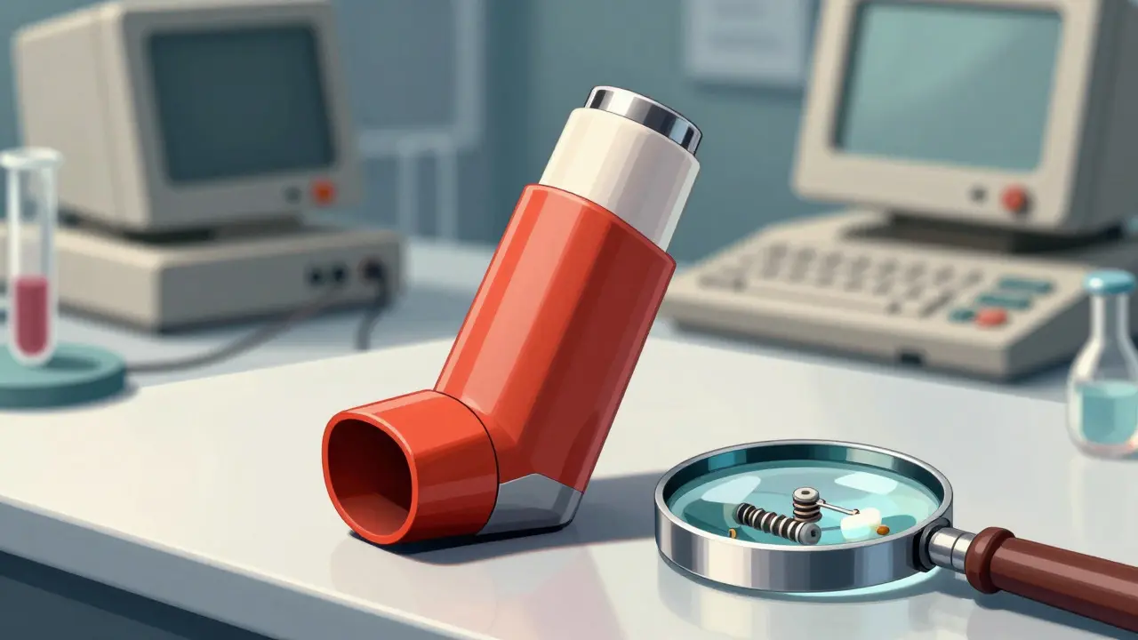 Close-up of complex inhaler device with magnifying glass in retro-futurism style