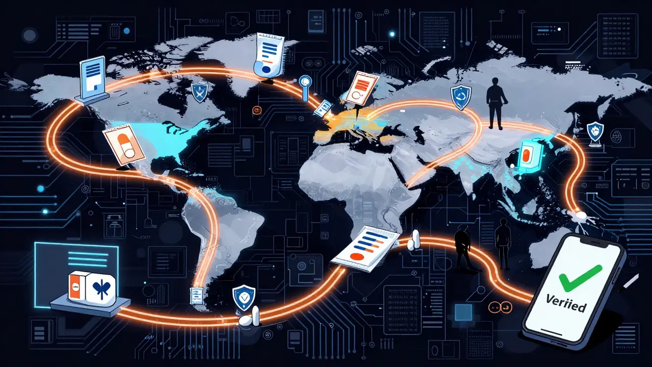Conceptual map of drug supply chain security with digital verification checkpoints