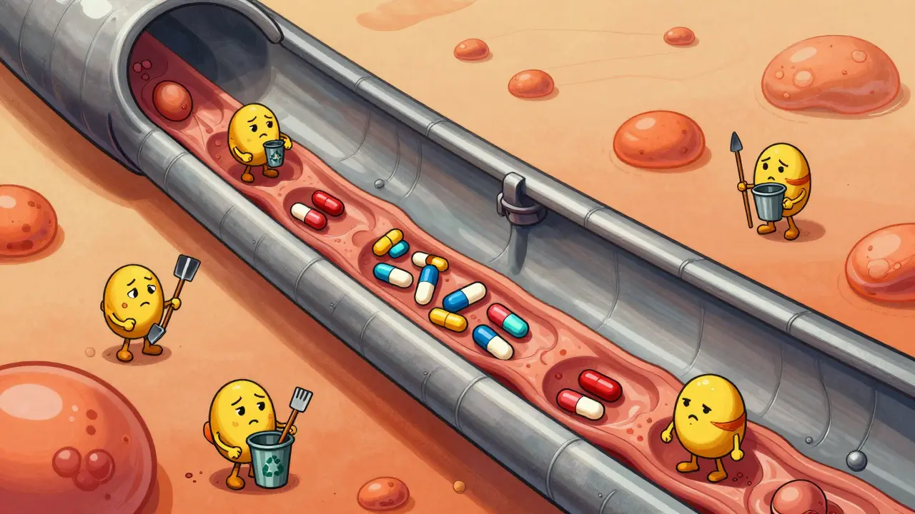 Cross-section of kidney tubule showing antibiotic accumulation and stressed cell workers