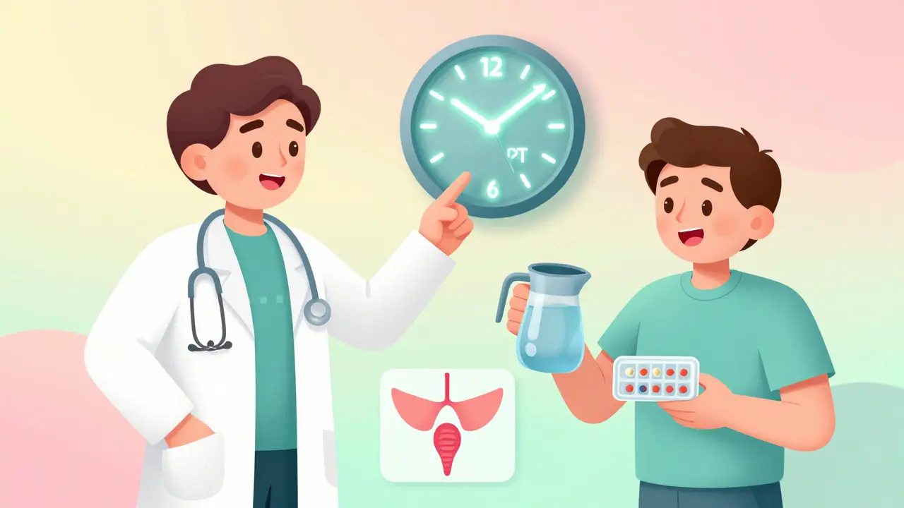 Doctor advising on medication timing and bladder training in retro style