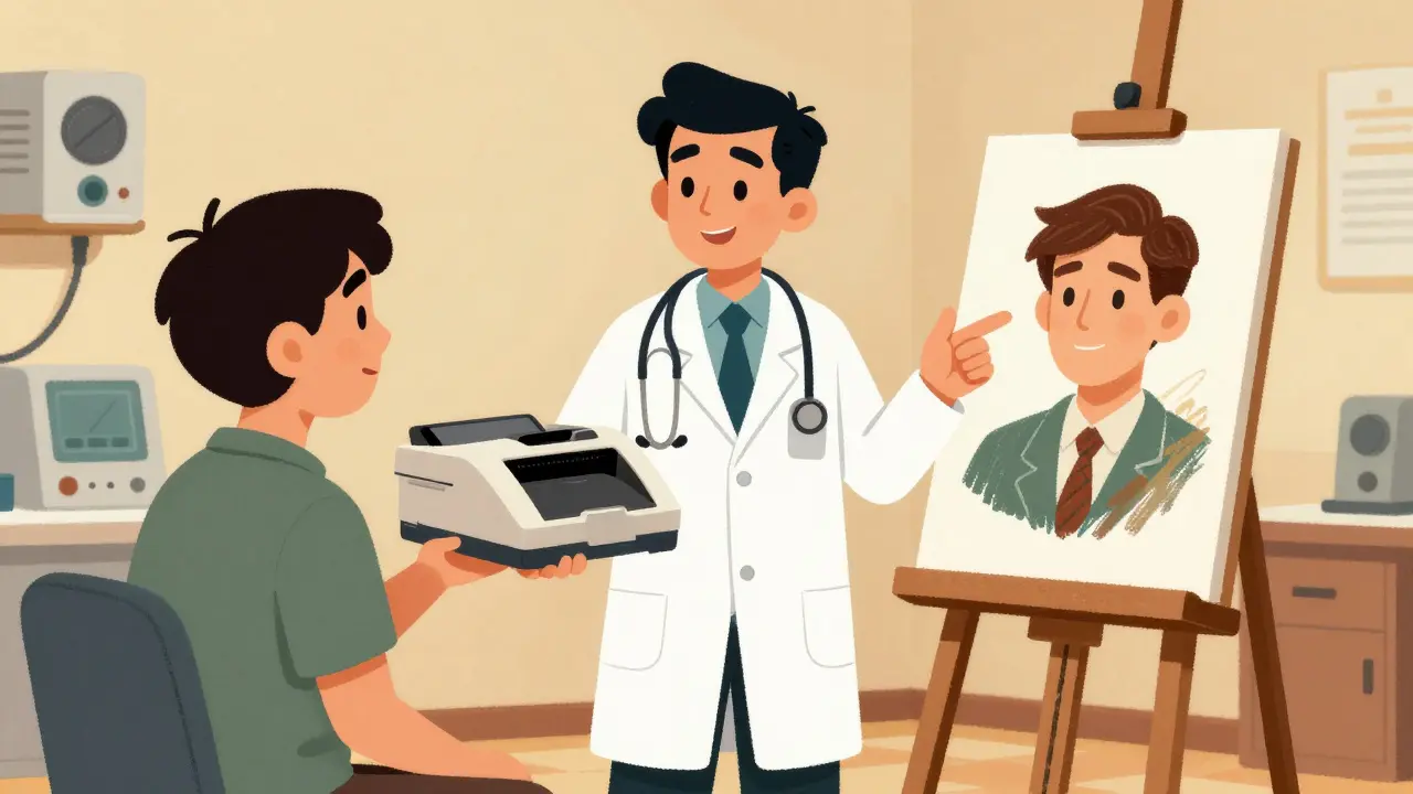 Doctor explaining biosimilar concept to patient using artist painting analogy in retro clinic.