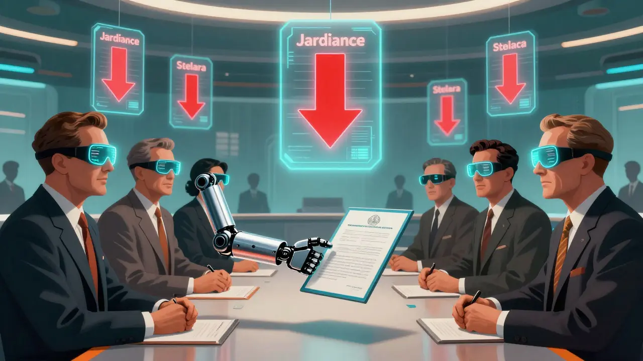 Futuristic scene of Medicare negotiating drug prices with pharma execs