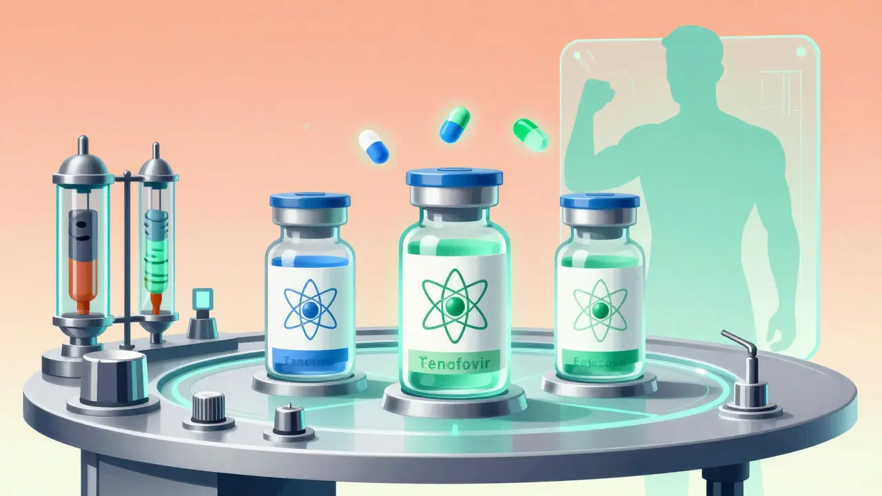 Glowing antiviral pills floating above a vintage sci-fi medical control panel.