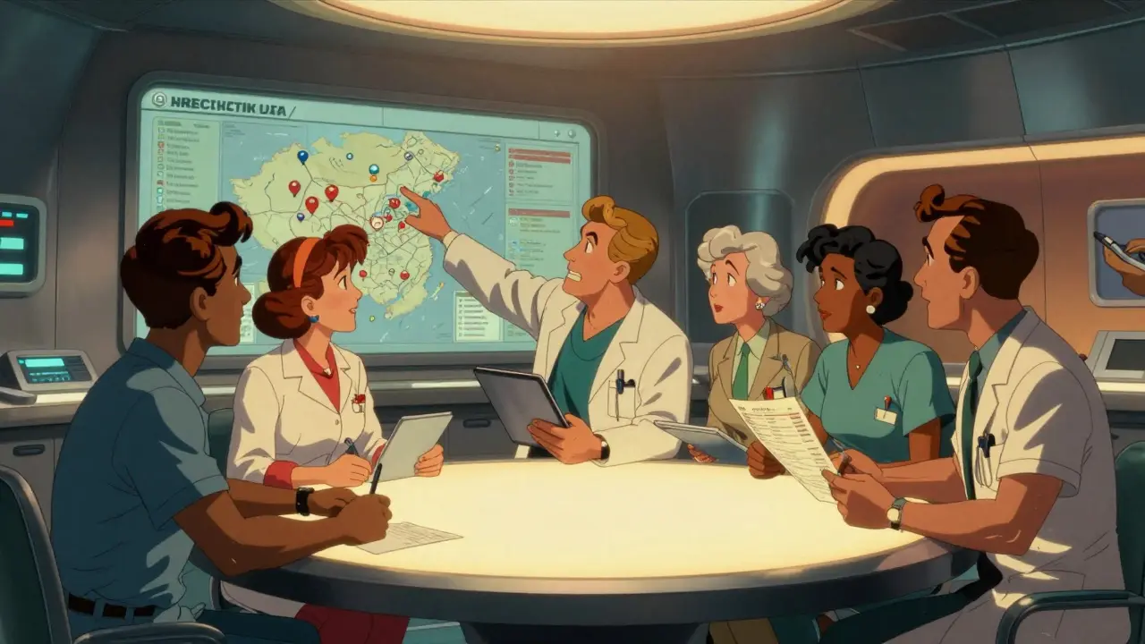 Healthcare team coordinating drug recall response in a retro-futuristic control room