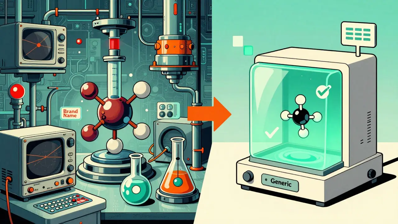 Illustration comparing complex brand-name testing vs simple generic bioequivalence in retro-futuristic style.