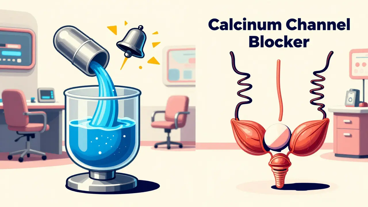 Illustration comparing diuretics and blood pressure meds on bladder function