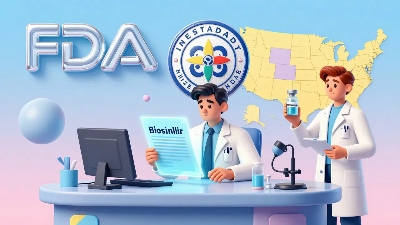 Illustration of doctor and pharmacist reviewing biosimilar regulations and interchangeability.