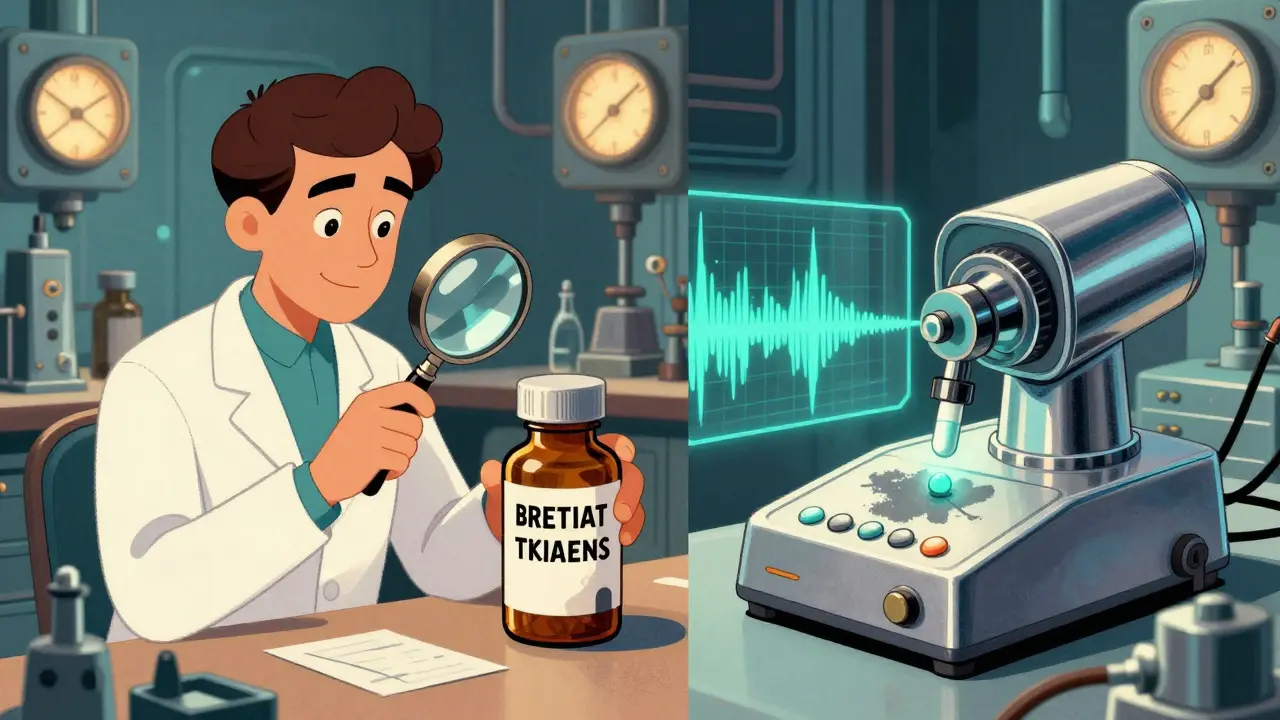 Pharmacist checking labels and using a vintage-style spectrometer on pills
