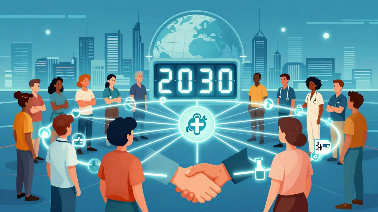 Retro-futuristic art depicting integrated healthcare networks aiming for 2030 HCV elimination.