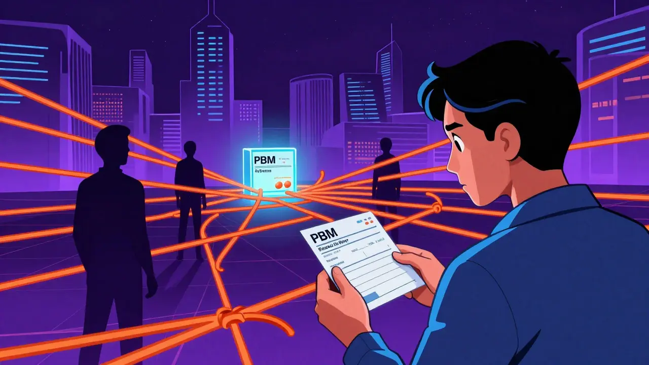 Retro-futuristic art showing patent thickets and barriers blocking access to affordable generic medications.