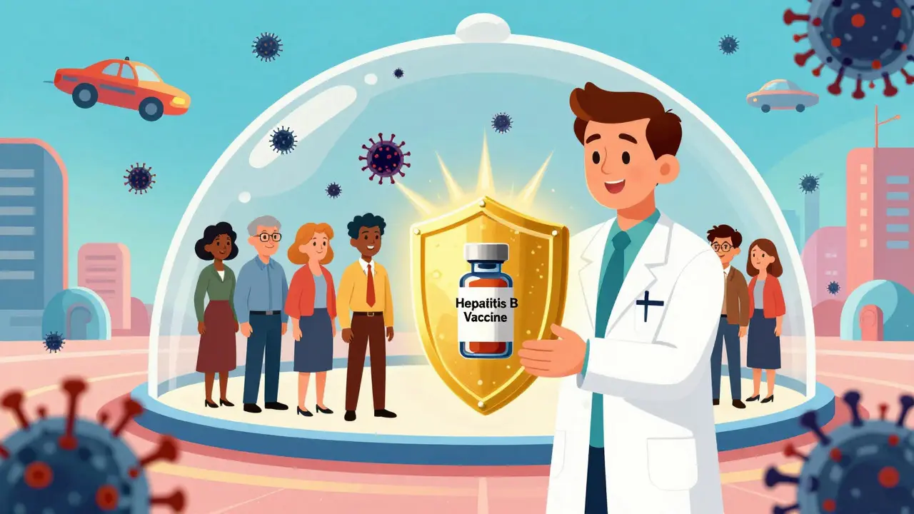 Scientist holding a golden vaccine shield protecting people from virus particles.