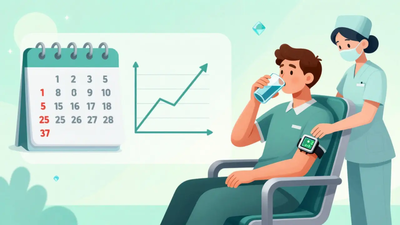 Split scene showing risk timeline and patient monitoring with hydration in retro style