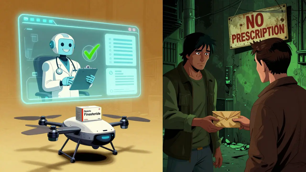Split screen comparing safe telehealth vs shady no-prescription sites