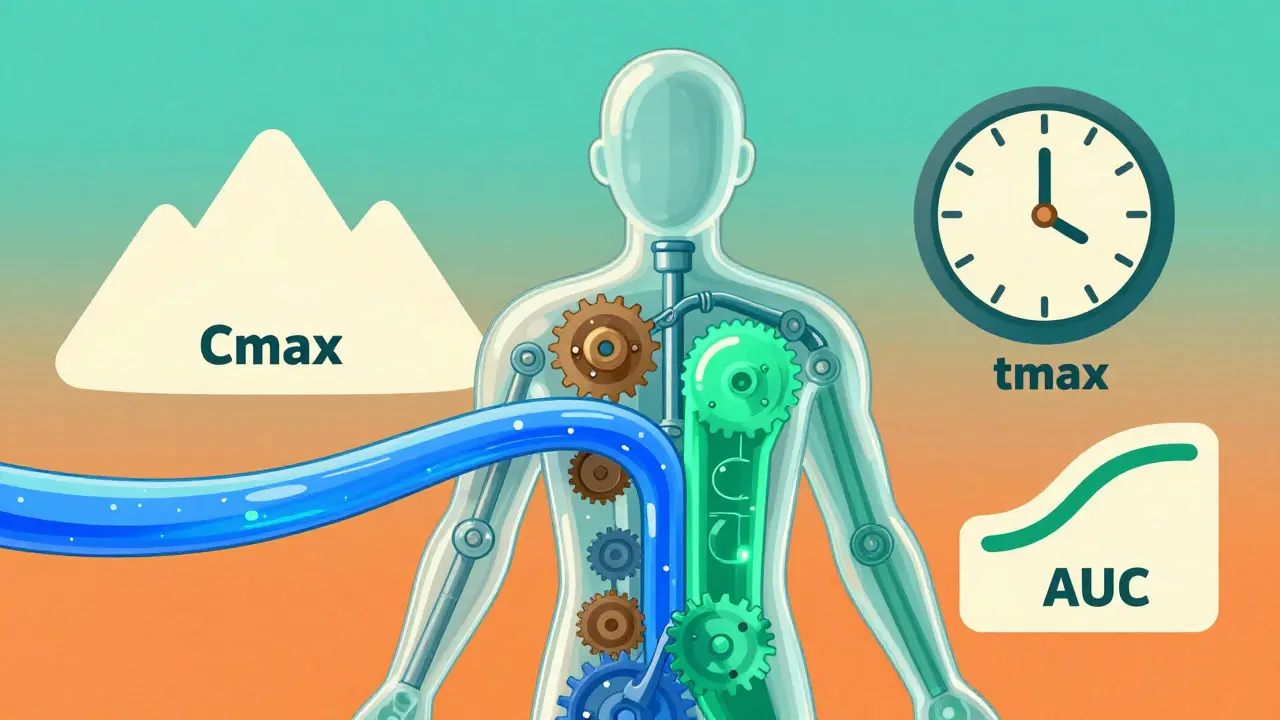 Stylized body silhouette showing merging drug streams in retro-futurism art