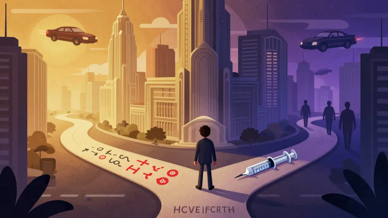 Stylized cartoon showing a person choosing between harm reduction safety and infection risks.