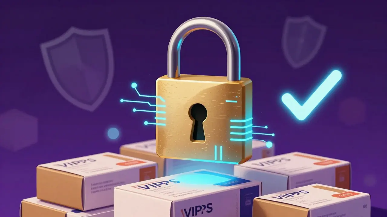 A golden digital lock and shield protecting medication packages, symbolizing online safety.