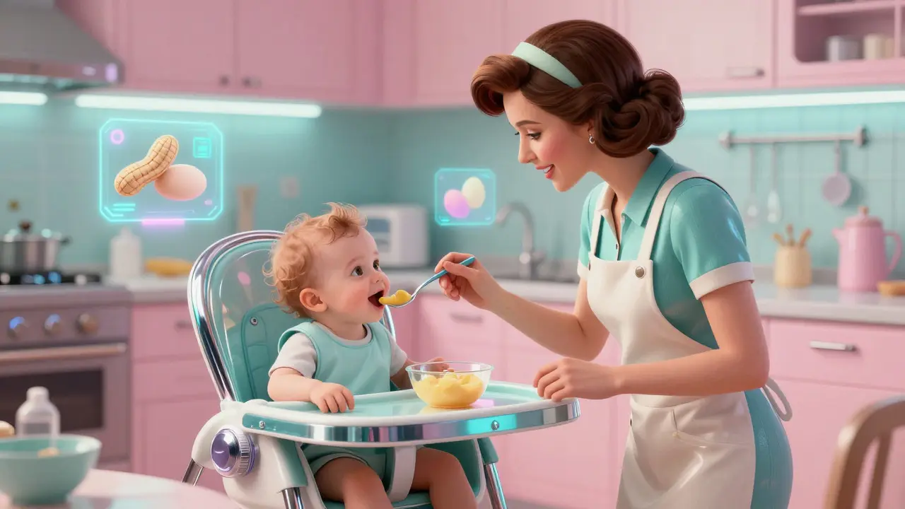 Cartoon illustration of a parent feeding an infant in a futuristic kitchen
