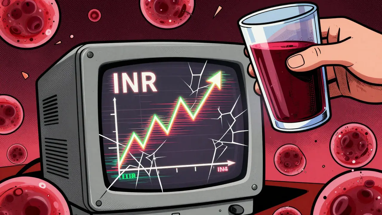 Cartoon of a glitching medical monitor showing a spiking line graph next to a glass of cranberry juice