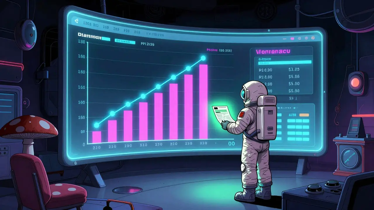Character in an astronaut suit analyzing price comparison charts on a futuristic pharmacy screen.