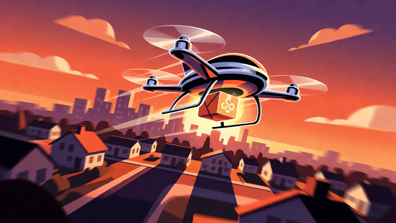 Chrome delivery drone carrying a package over a stylized retro-futuristic city at dusk.