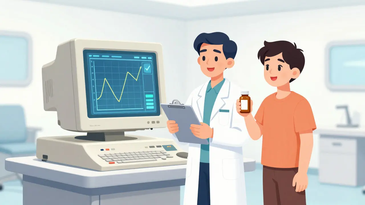 Doctor and patient reviewing stable INR results on a retro terminal