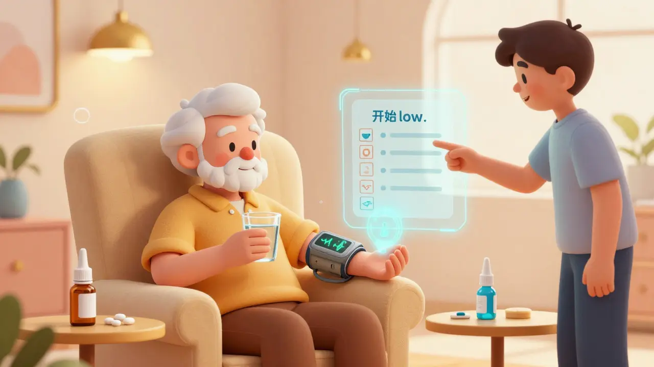 Elderly person monitoring blood pressure and drinking water in a retro-futuristic home