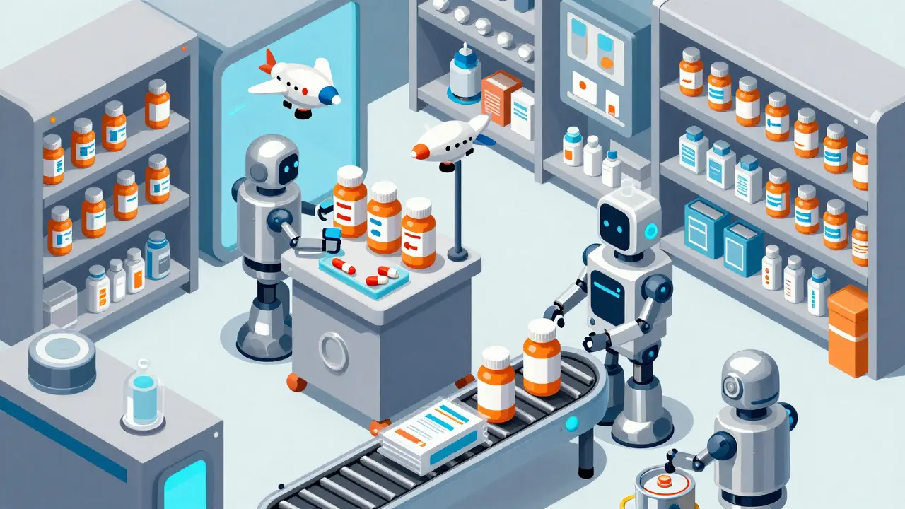 Futuristic robots packing prescription pills for fast delivery