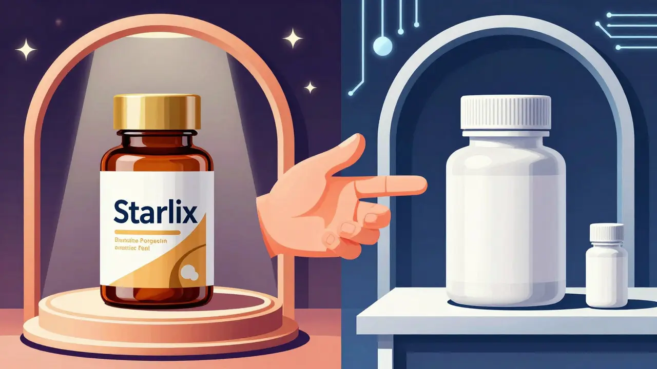 Illustration comparing branded and generic pill bottles on shelves