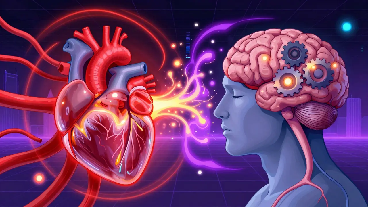 Illustration showing conflicting heart and brain effects of combination drugs