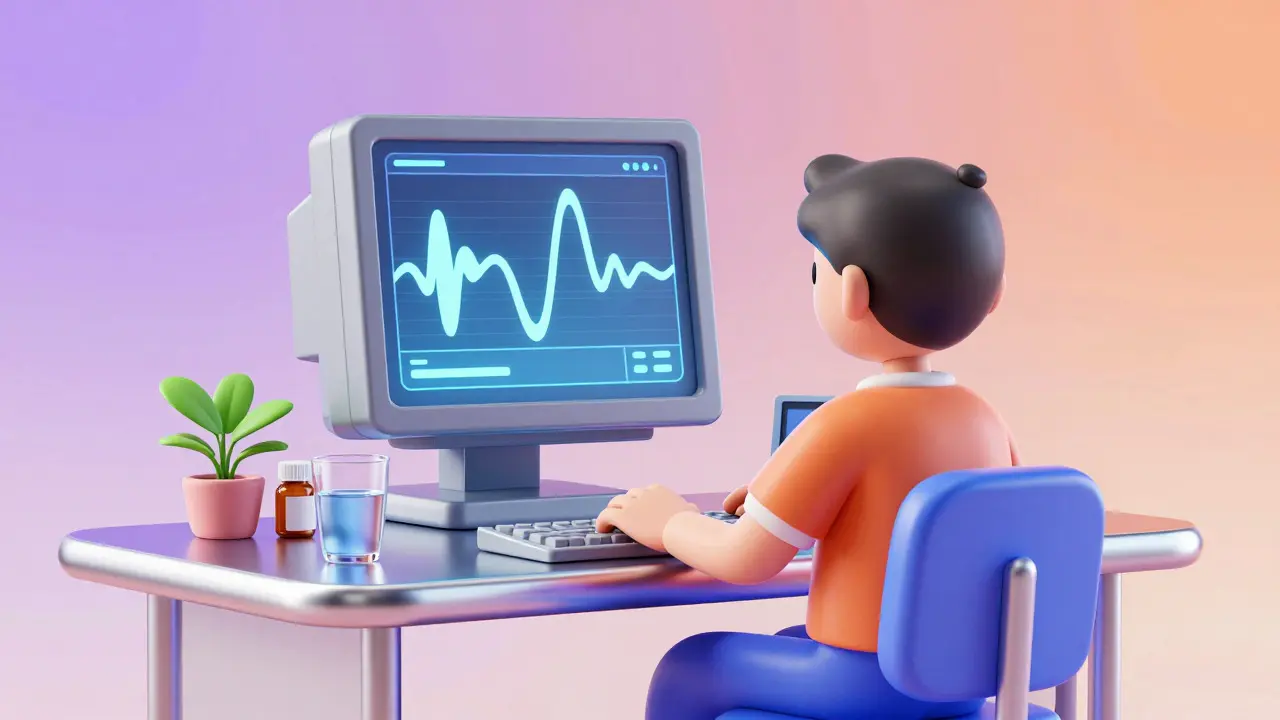 Person at retro desk with calming health monitoring interface