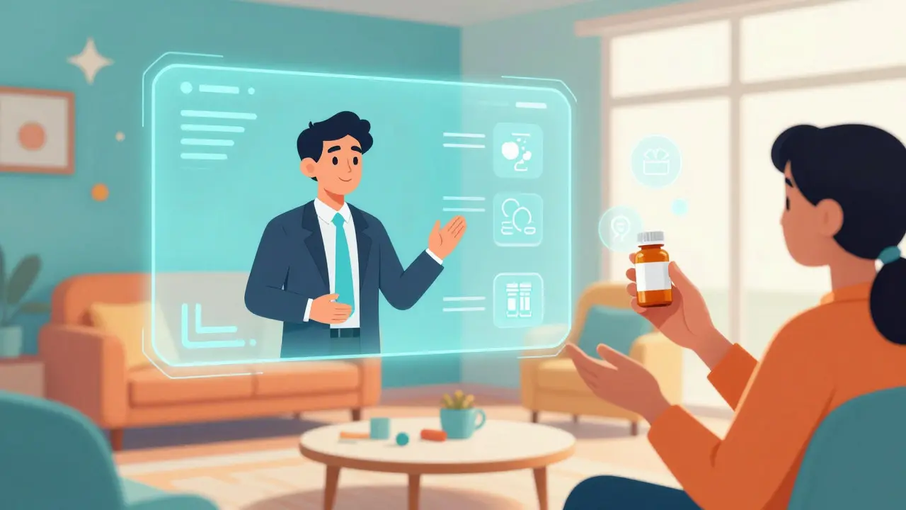Professional video interpreter helping patient understand meds