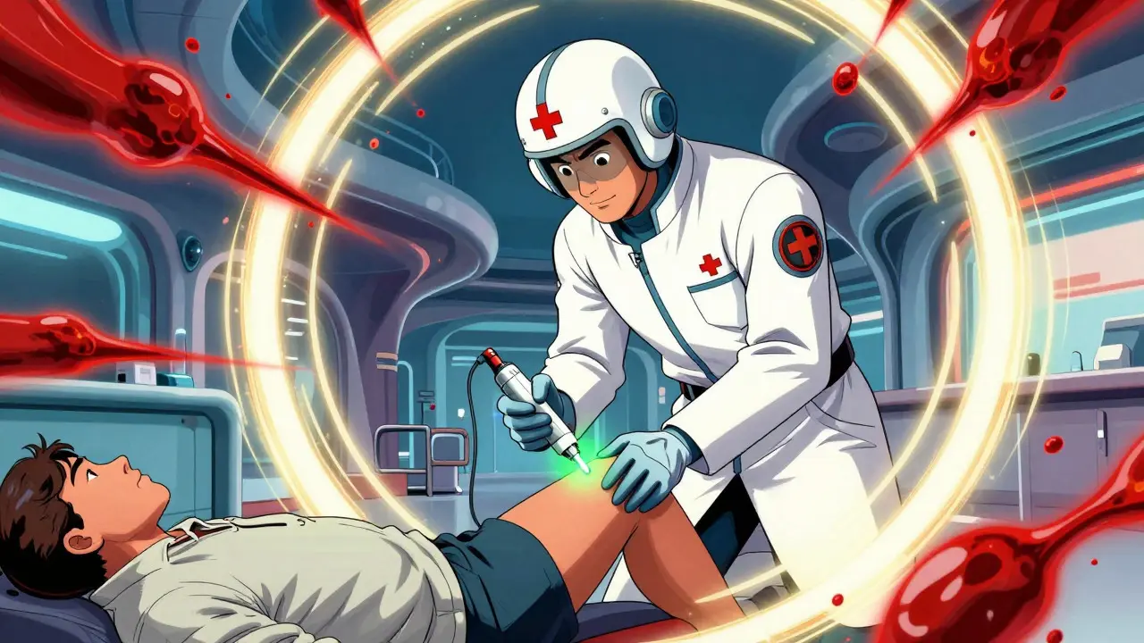 Retro-futuristic art of a medic administering an emergency injection