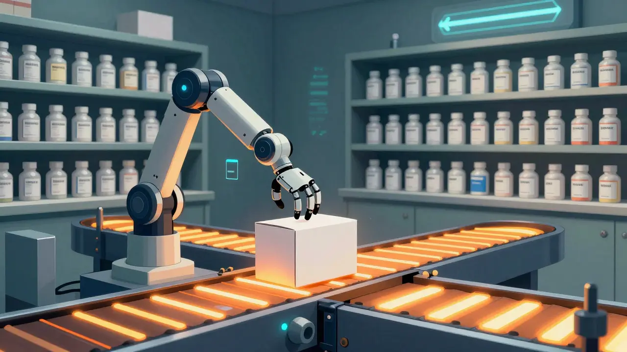 Robotic arm packing discreet medication box in futuristic pharmacy