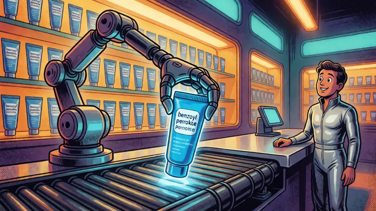 Robotic arm placing a glowing tube of benzoyl peroxide on a futuristic conveyor belt.