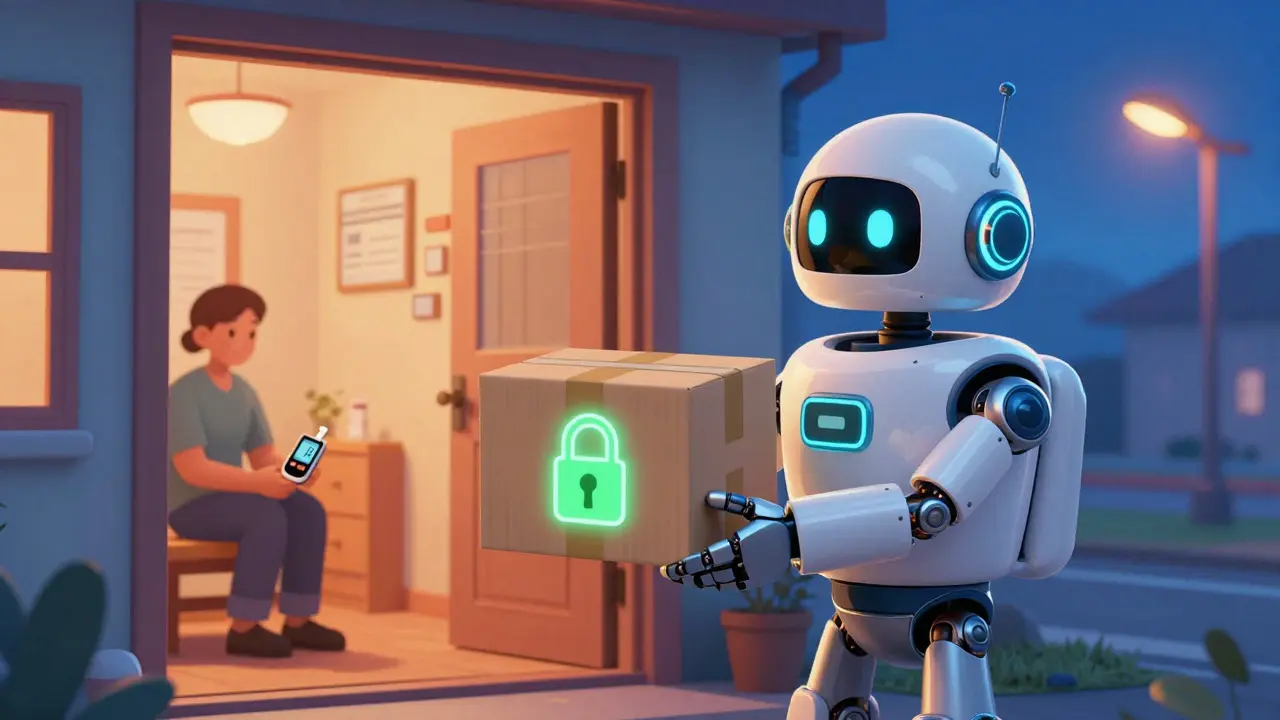 Robotic mail carrier delivering a secured package to a patient's door