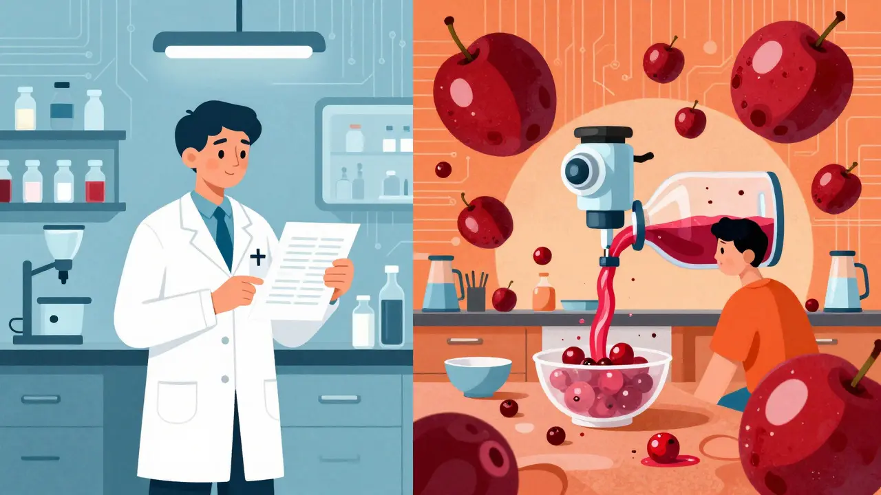 Split-screen retro-futurism art comparing a calm medical consult with a chaotic cranberry consumption scene