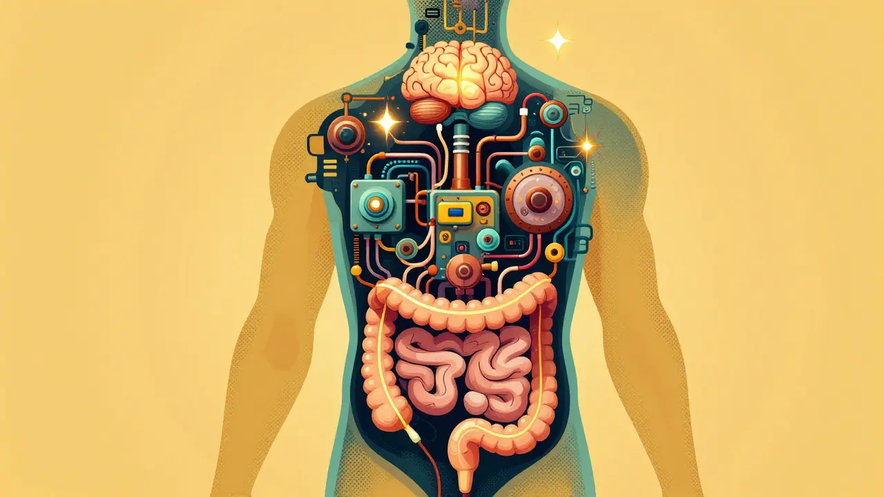 Steampunk style illustration of brain-gut connection wires sparking