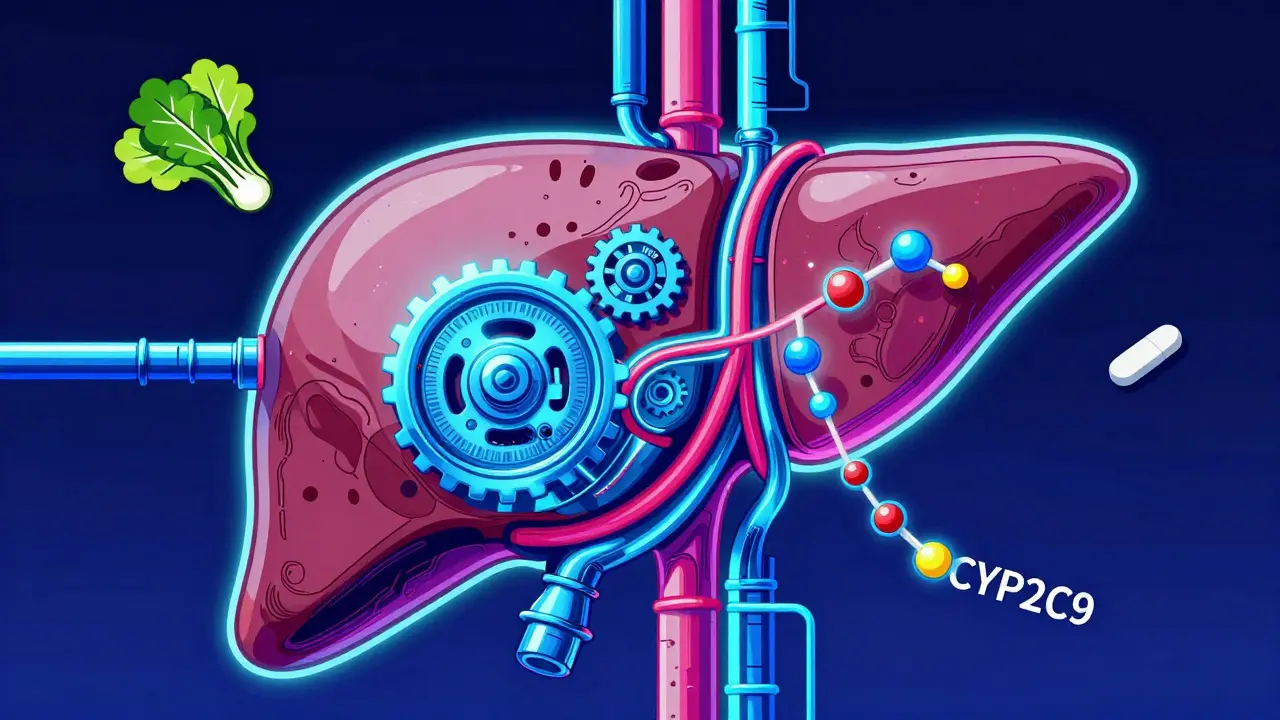 Stylized liver engine processing warfarin molecules and dietary inputs