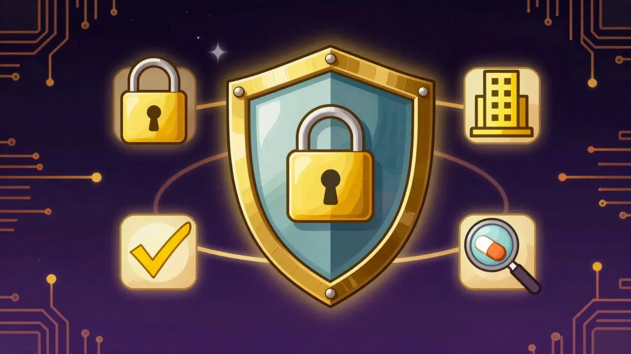 Symbolic shield surrounded by safety icons representing secure online medication purchase verification.